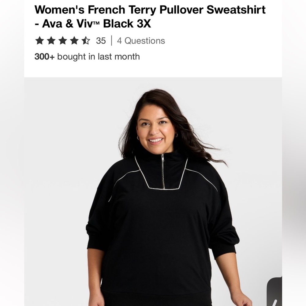 Ava & Viv Black French Terry Half-Zip Pullover with Contrast Stitching